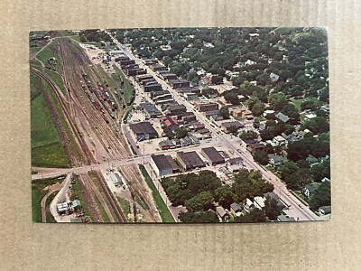 Postcard Missouri Valley IA Iowa Aerial View Downtown Railroad Train Yard
