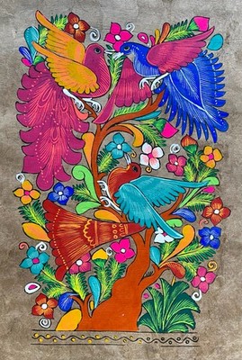 15 1/2 X 23'' Mexican Folk Art Amate Bark Painting Aztec Love Bird Peacock Flower