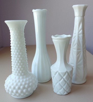 4 Vintage milk glass bud vases, Hoosier, E O Brody, CLG Co., Anchor Hocking