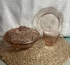 Vintage Pink Depression Glass Lot Candy Dish w/ Lid, Plate, Cup
