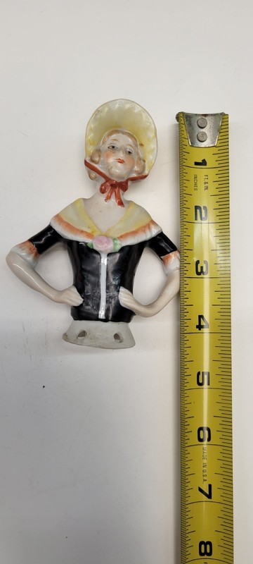ANTIQUE HALF DOLL PIN CUSHION, BONNET, GERMANY 4 1/4" Tall