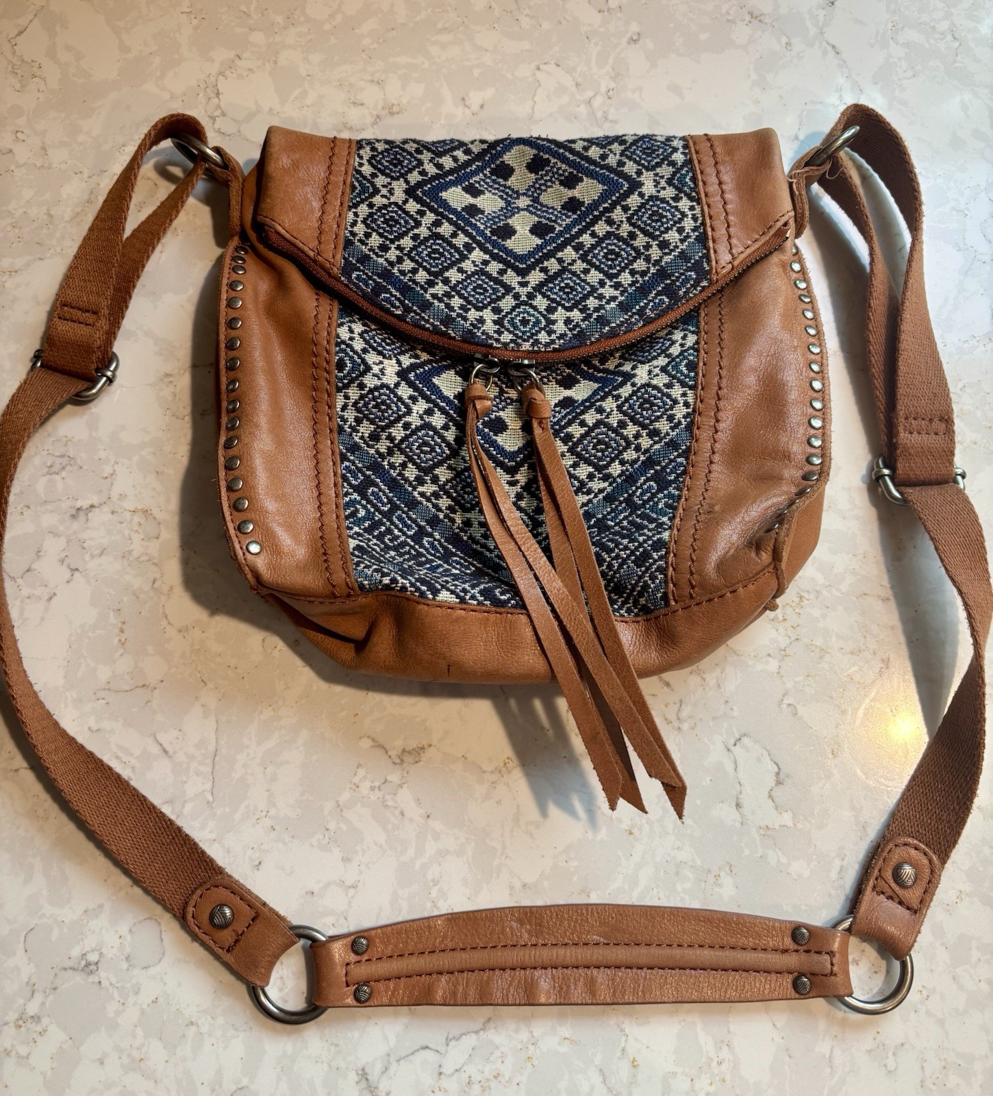 The Sak Leather Crossbody Purse Blue Woven Tapestry Boho Studded Shoulder Bag
