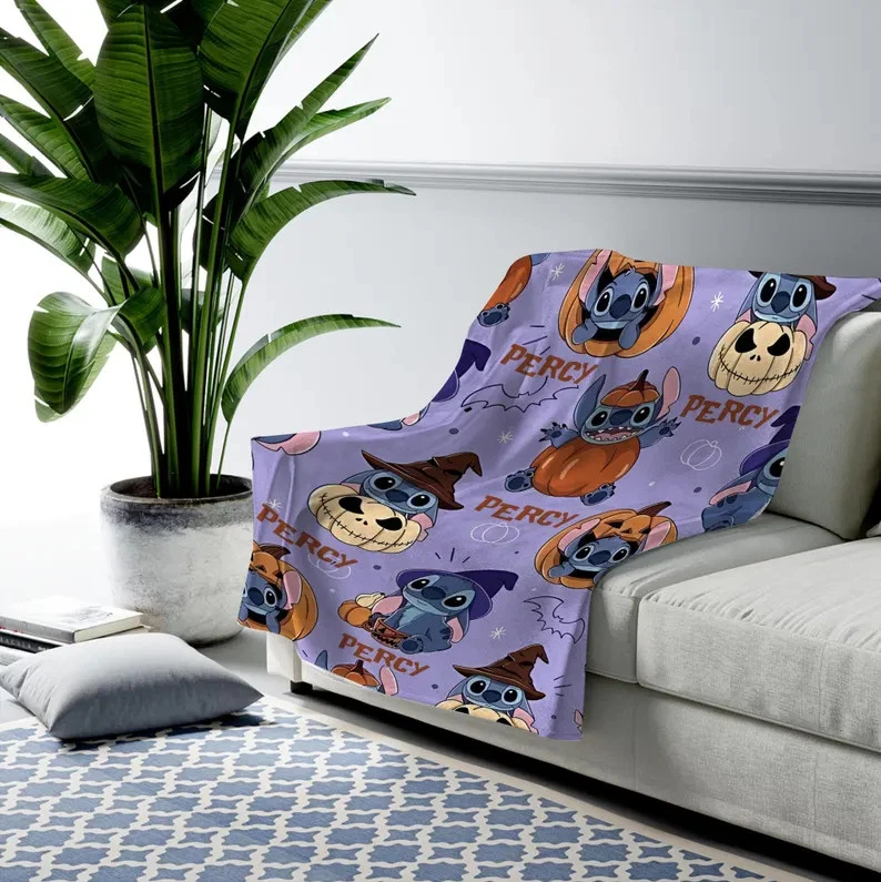 Disney Stitch Halloween Pumpkin Witch Bat Pattern Customize Fleece Blanket