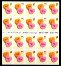 USA Scott 3833a Complete Self Adhesive Pane,  37¢ Candy Hearts
