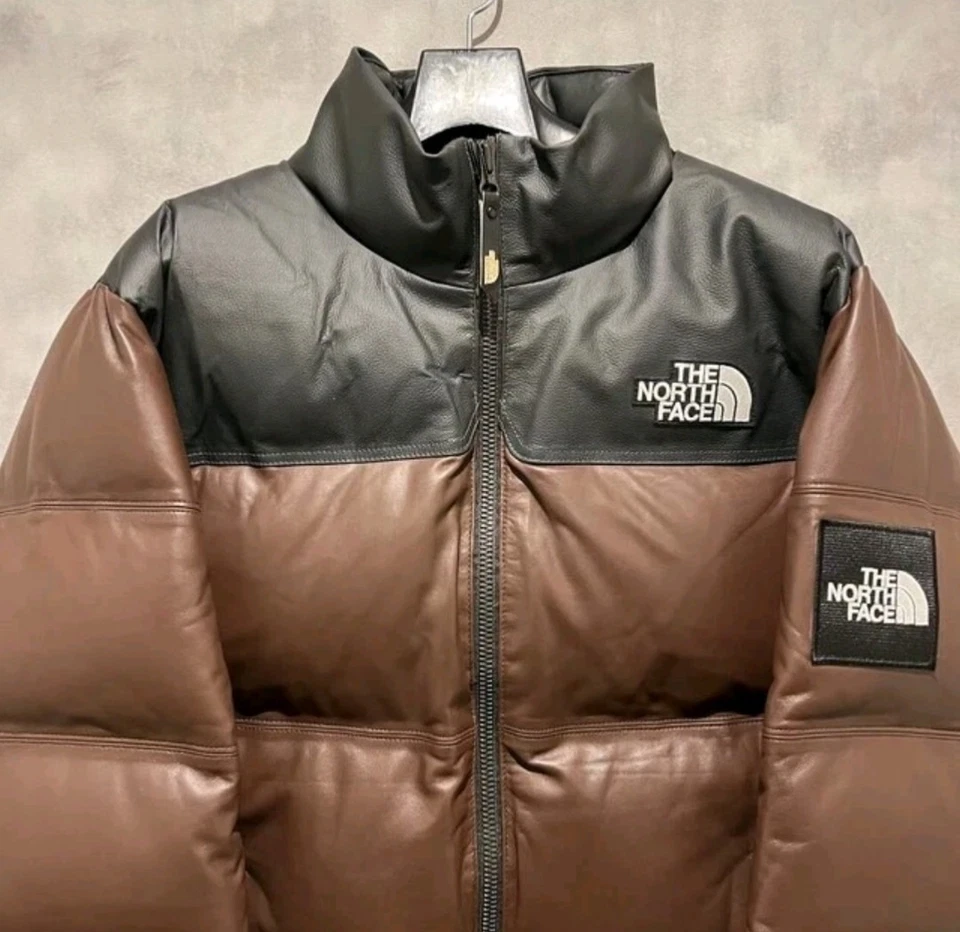 Men’s Nuptse Style Brown & Black Leather Puffer Jacket – Mountain Inspired Coat - Image 4 of 4