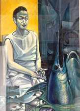 "Signora con pesci"– Quadro Dipinto A Olio su tela  cm. 50x70