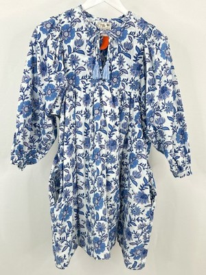 Mille Resort & Travel Floral Shift Cotton Boho Pockets Size XL Blue Women Dress