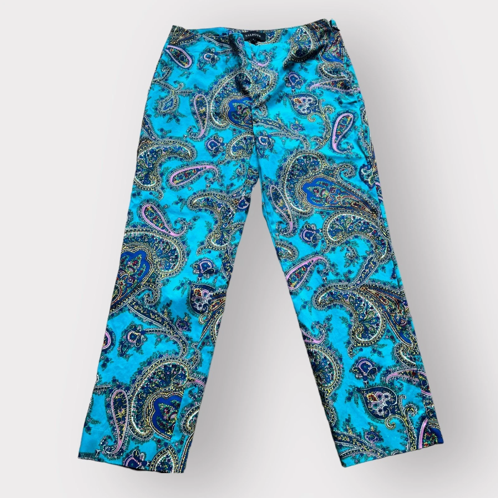 Talbots Size 4 Turquoise Blue Paisley Print Flat Front Slim Cropped Capri Pants