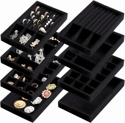 8 Pcs Black Velvet Jewelry Trays 4 Styles Stackable Drawer Organizer Ring Set