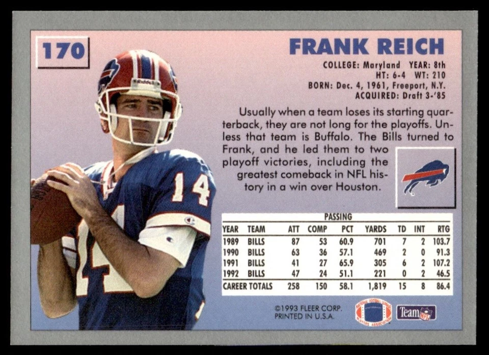 1993 Fleer Frank Reich Buffalo Bills #170 - Image 2 of 2