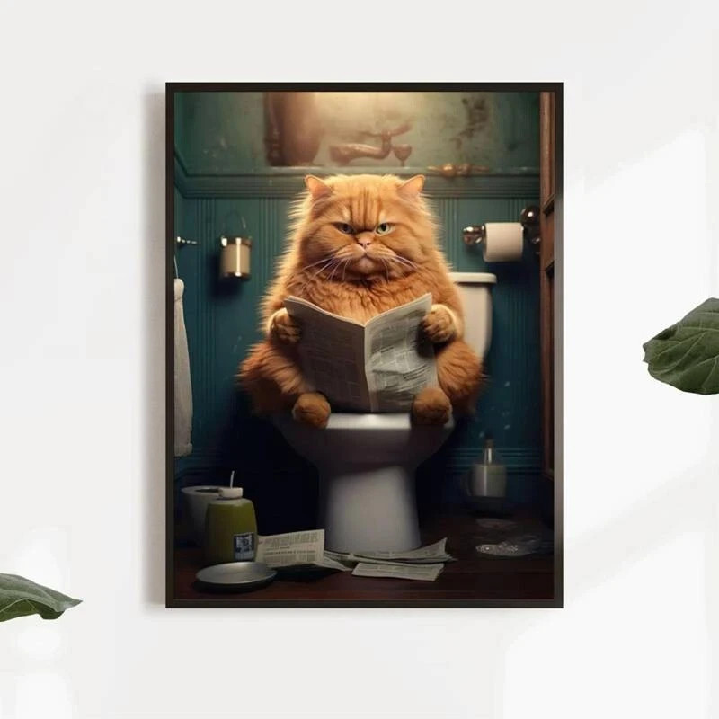 A4 Printed Painting GRUMPY Ginger CAT Reading Paper on LOO Toilet ...