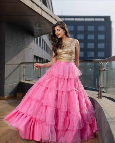 Gorgeous Golden Top Pink Net Skirt 