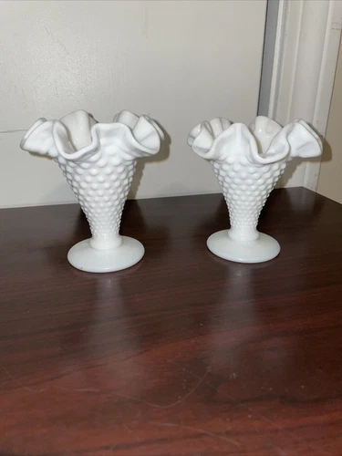Vintage Fenton White Milk Glass Hobnail Vase Ruffled Edge
