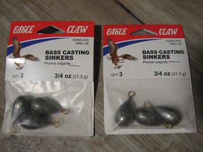 2 Packs Eagle Claw Bass Casting Sinkers 3/4 Oz Lead Weights (3 Per Pack) WBC-34