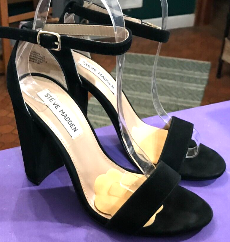 STEVE MADDEN BLACK SUEDE ANKLE STRAP OPEN TOE HIGH HEELS 