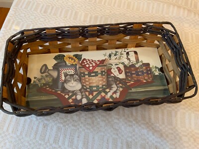 Laurie Korsgaden Art Country Kitty  festive Tray 14'' x 7'' weaved glass wood 2003