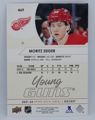 2021-22 UPPER DECK SERIES 2 #469 MORITZ SEIDER YOUNG GUNS SILVER FOIL ROOKIE - Picture 2 of 2