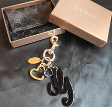 Gucci G Heart Charm Keyring Key Holder Keychain Black Gold Plated Accessory