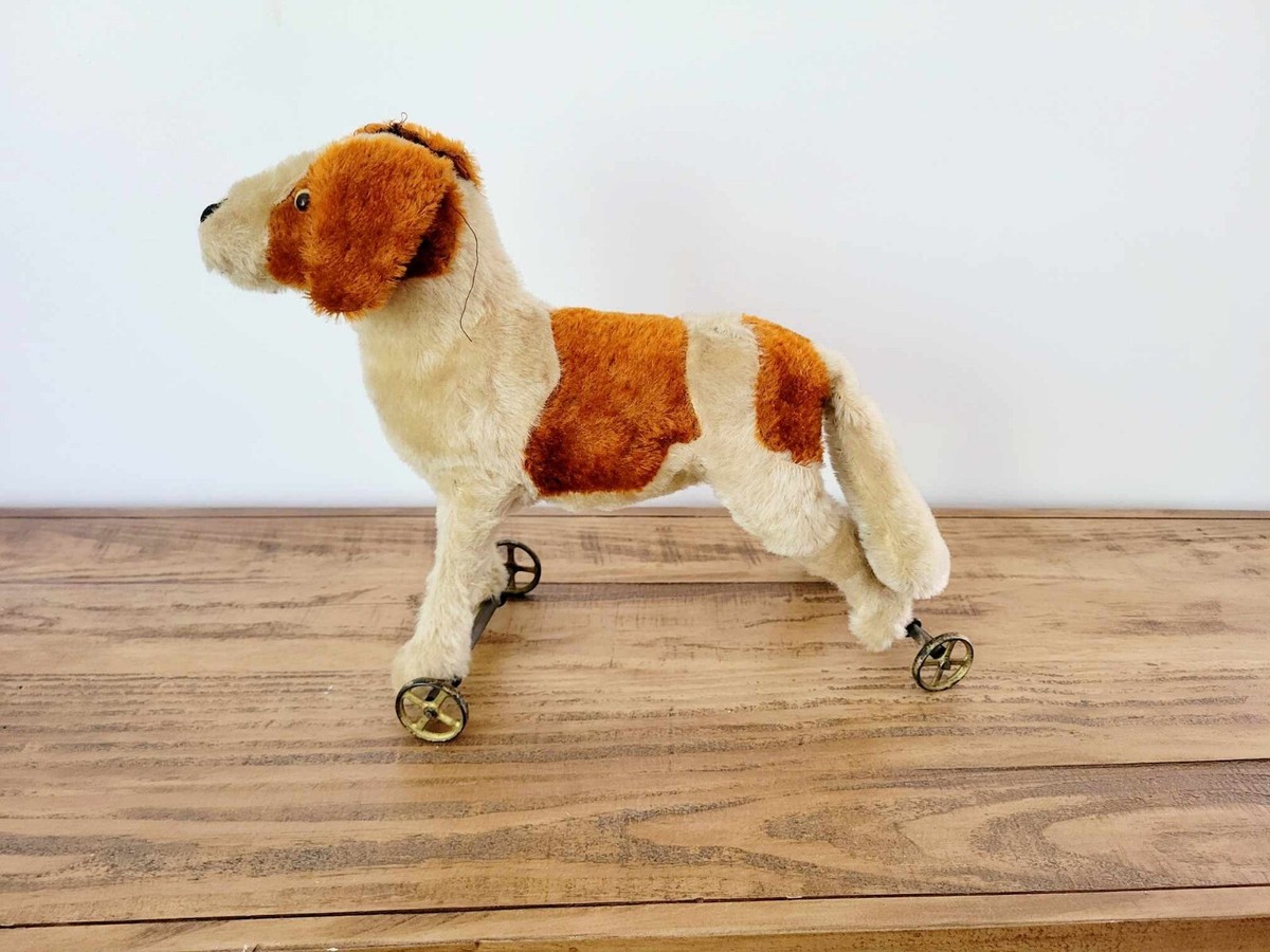 Antique Steiff Mohair Dog on Metal Wheels Pull Toy with Glass Eyes