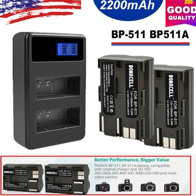 2x Battery + Charger for Canon BP-511 EOS 10D 20D 20Da 300D 30D 40D 50D 5D D30