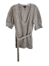 A.N.A. Women's Brown Sweater Wool Angora Hair Blend Medium Short Sleeve Belt