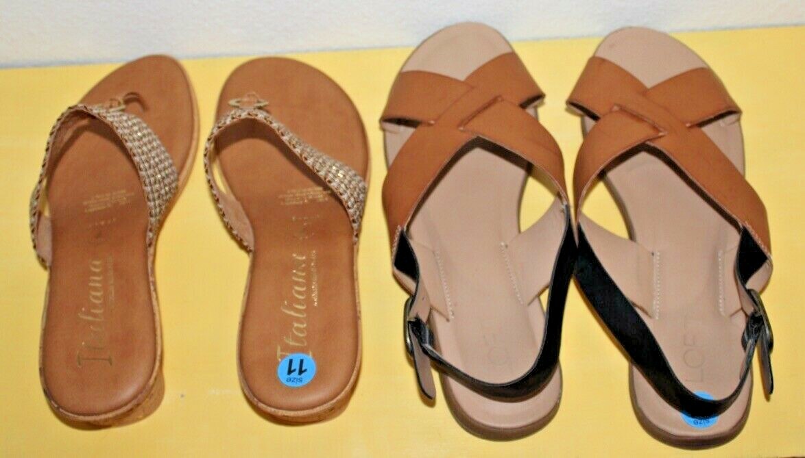 Lotto di 2 sandali da donna taglia 11: marchio LOFT & ITALIANA. Piatti slip on e zeppa