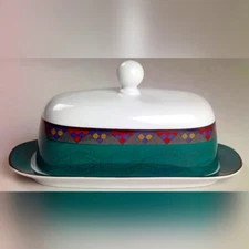 EUC, Dansk, Emerald Braid Print, Vintage Covered Butter Dish, White Quiltings