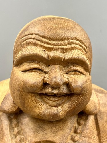 Happy Laughing Sitting Buddha Statue Sculpture 9in Hand Carved Solid Wood VTG - Picture 2 of 8