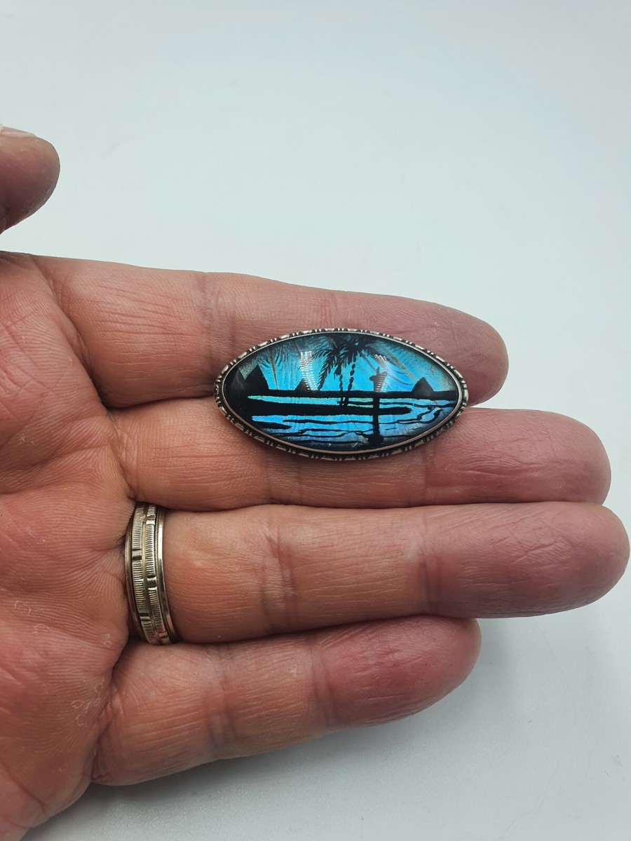 Vintage Sterling Silver Butterfly Wing Brooch, Tropical Scene