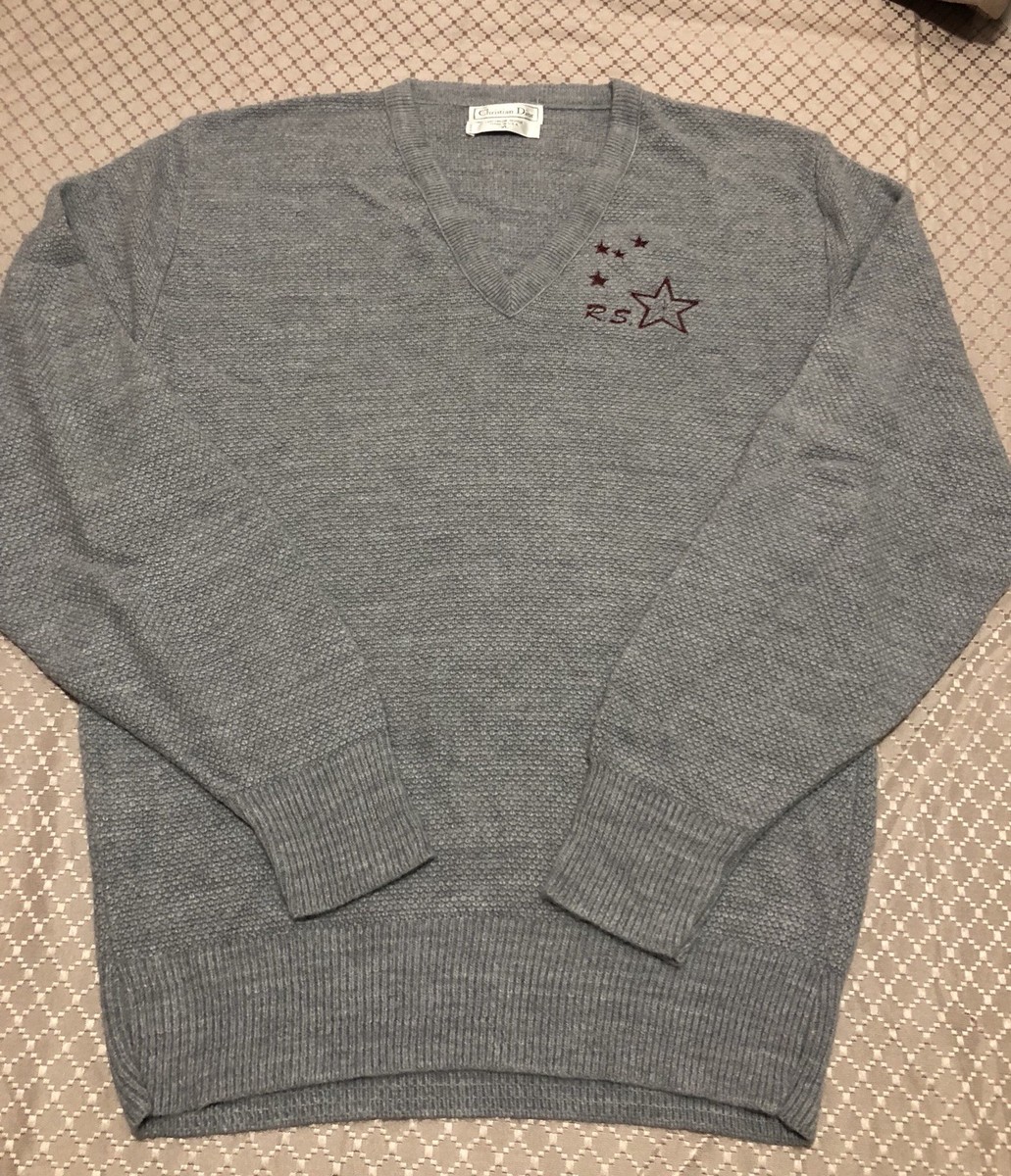 Christian Dior Mens Vintage V-Neck Gray Sweater Red Stars Size