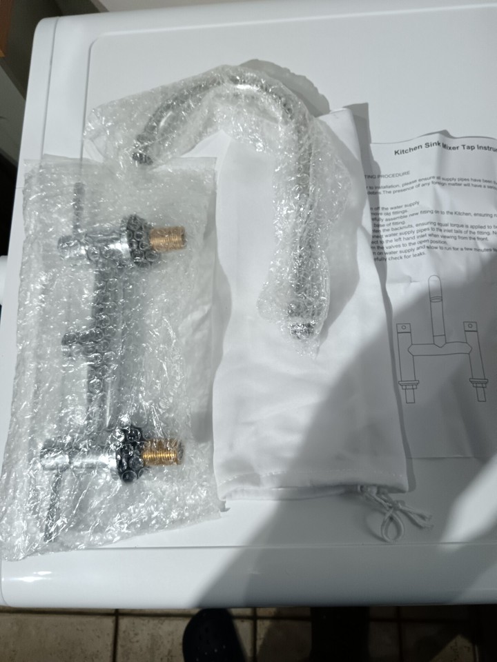 DUAL LEVER KITCHEN SINK DECK MIXER CHROME TAP 1/4 TURN 2 HOLE 180MM