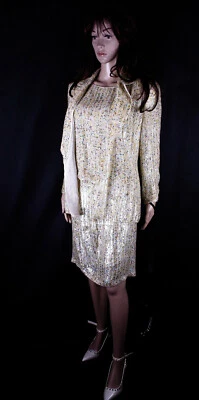 Badgley Mischka 100% Seide Pailletten Silk Skirt Suit Kostüm Jacke Rock Top Gr M - Bild 1 von 4