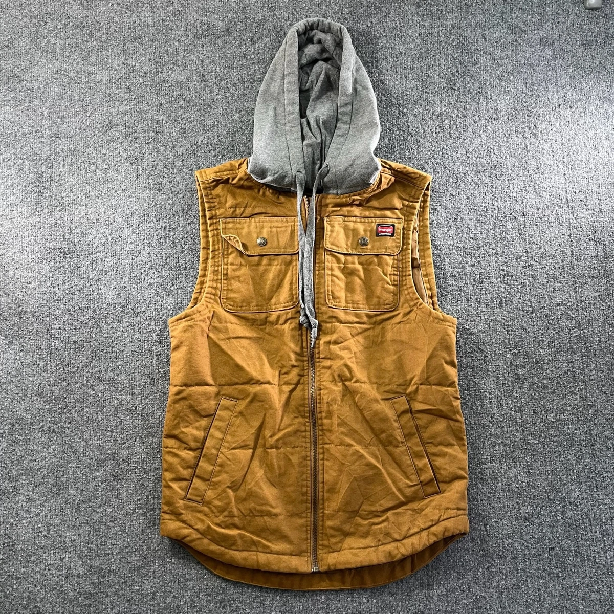 Wrangler Workwear Vest Men s Small Khaki Quilted Canvas Fleece Hooded Work