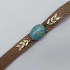 Turquoise Blue Jasper Stone Bracelet Brown Faux Leather Cute Boho