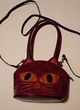 Vintage 80s 90s Leather Cat Face Crossbody Purse Novelty Top Handle Bag Purple