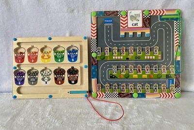 Wooden Magnetic Alphabet Car Maze & Color Bucket Puzzles Montessori Fine Motor