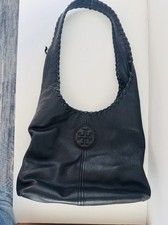 Tory Burch Black Pebbled Leather Whipstitched Hobo Bag Shoulder Tote Purse