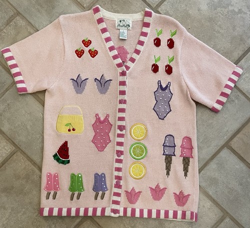 Quacker Factory Summer Days Pink Novelty Cardigan Fruit IceCream Fun Appliques S