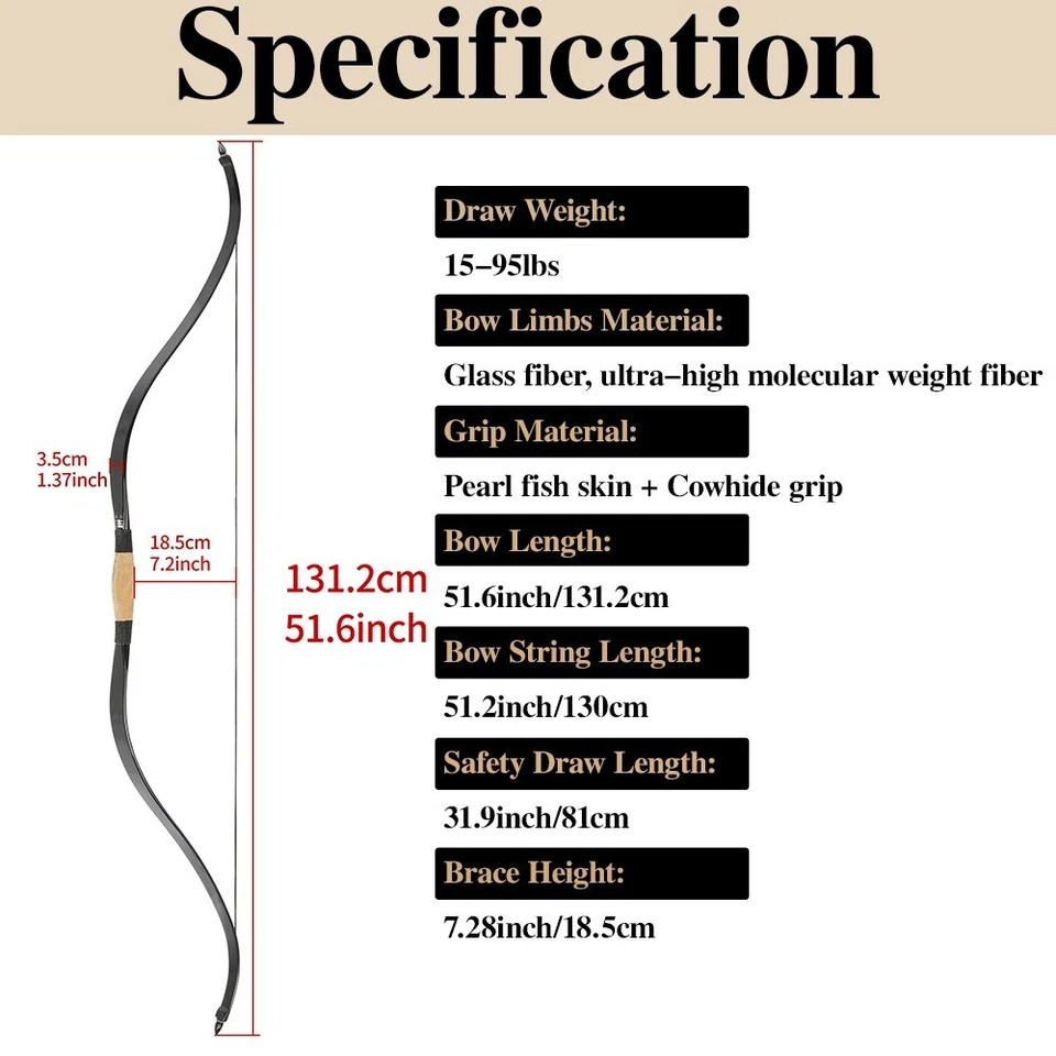 52" Handmade Archery Traditional Bow 15-95lbs Recurve Bow Longbow Hunting RH LH - Image 2 of 4