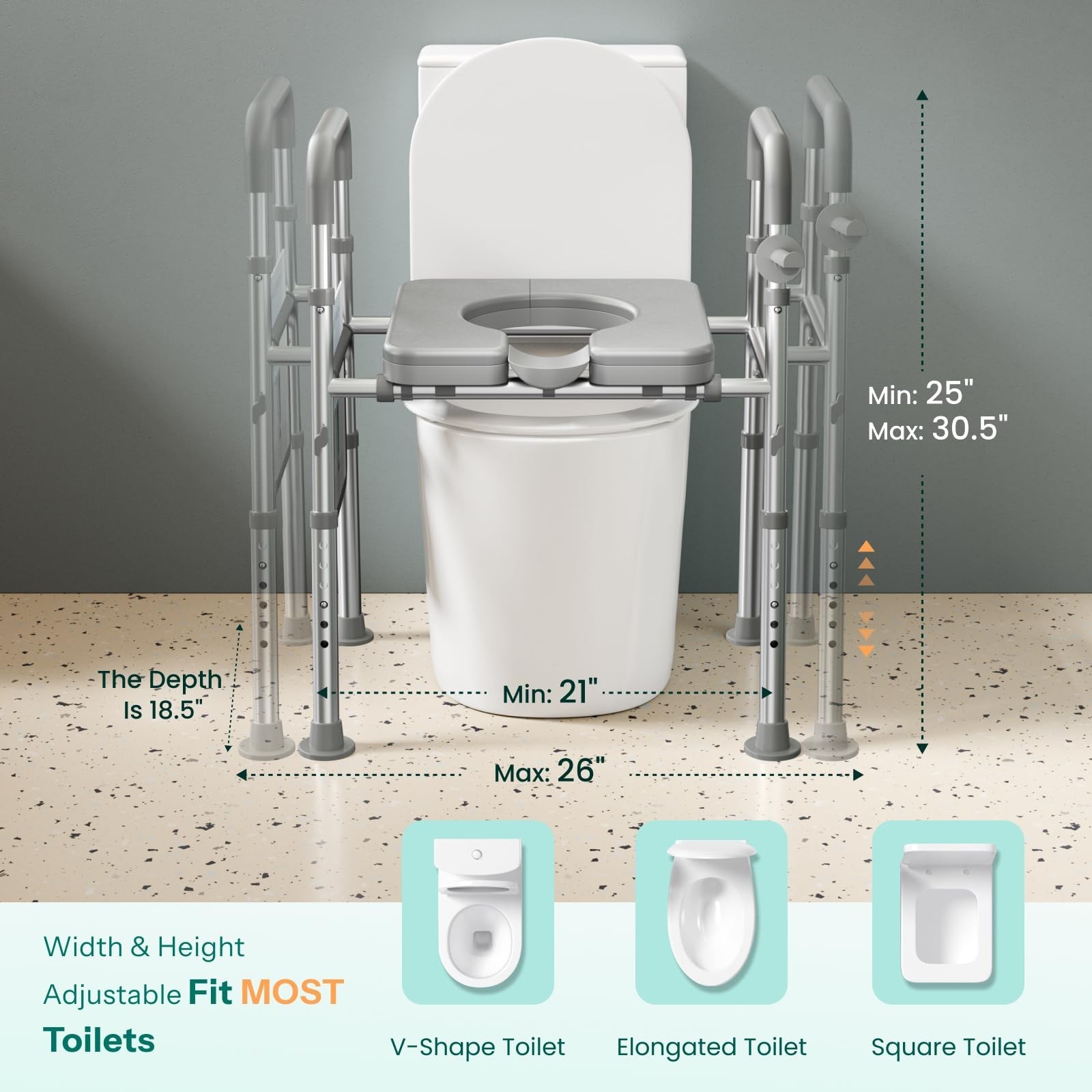 HOMEAL Raised Toilet Seat Riser with Handles for Seniors, 450LBS Heavy-Duty 3...