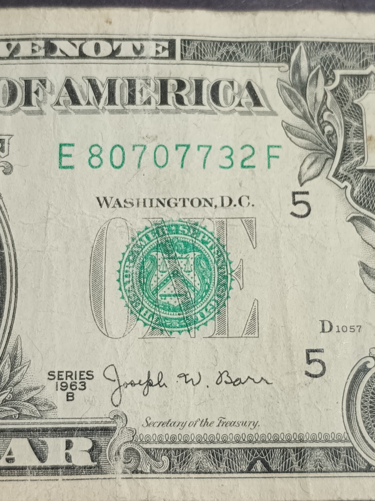 1963B $1 E RICHMOND BEP E-F BLOCK JOSEPH W. BARR NOTE (E80707732F)