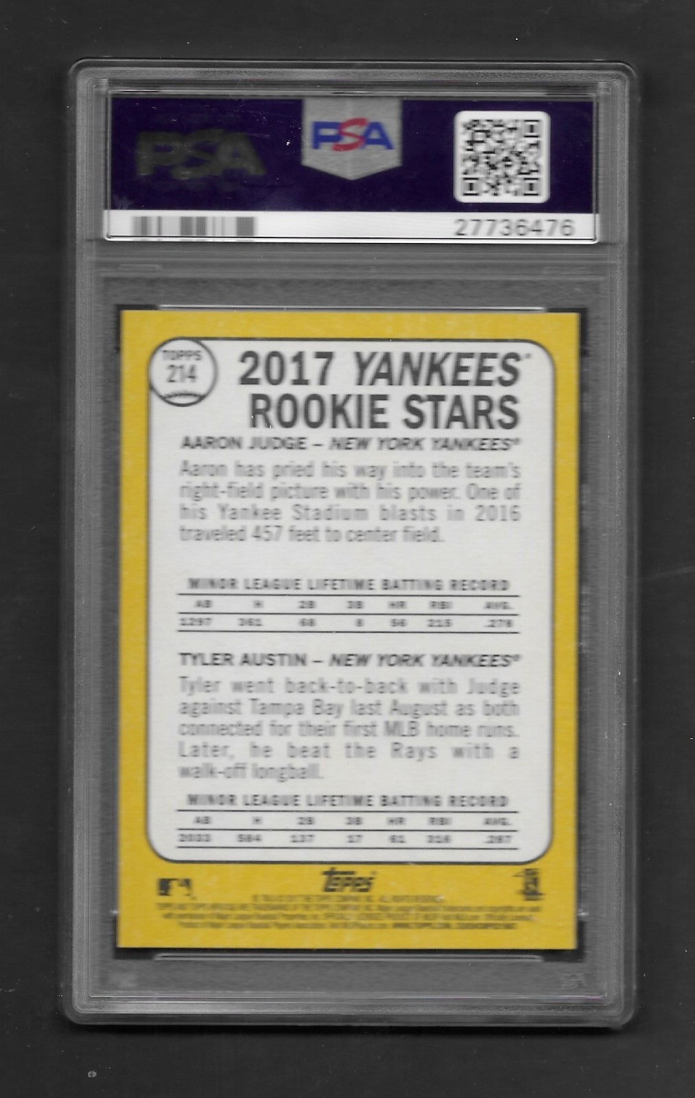 2017 Topps Heritage Aaron Judge / Tyler Austin RC #214 PSA 10 GEM MINT view 3