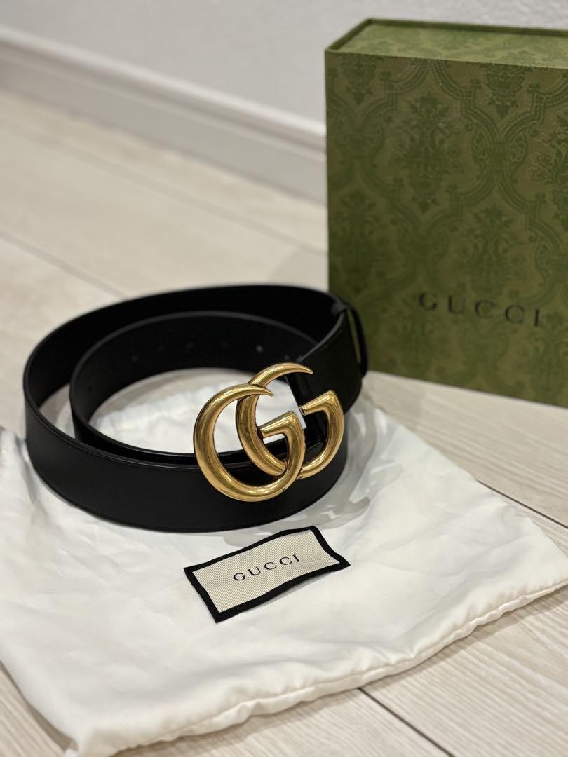 GUCCI Double G Black Leather Belt 38 Inch DDU Classic Logo