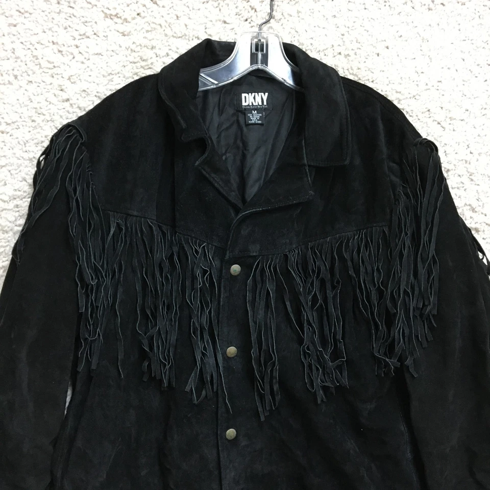 Jaqueta vintage DKNY média adulta couro preto franjas faroeste anos 80 feminina M - Imagem 2 de 4