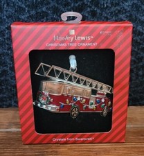 NOS Harvey Lewis Firetruck Fireman Christmas Ornament Swarovski Crystals 3.25 In