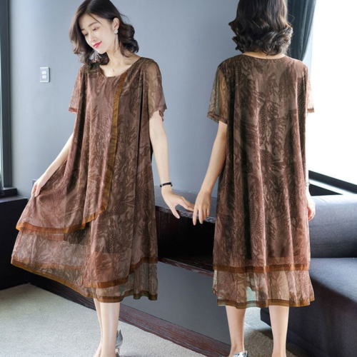 Damen Netz Bedrucktes Kleid Midi Kleid Kurzärmelig A-Linie Asymmetrisch Nähte - Afbeelding 1 van 11