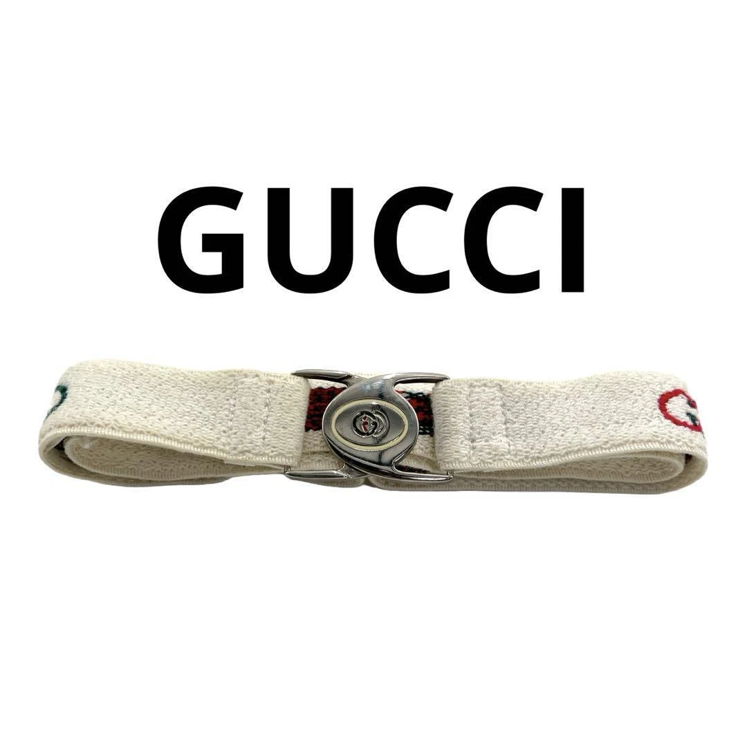 GUCCI Authentique Ceinture Vintage Coton Blanc Rouge Vert Made in Italy Taille 87cm 