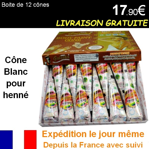 Cône henné blanc Golecha anti bavure pour tracé fin de tatouage éphémère lot de 12