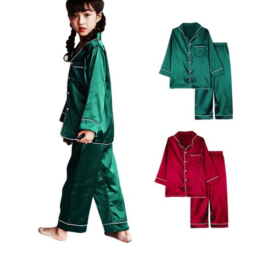 2-piece Girls Boys Silk Satin Pajamas Sleepwear Long Sleeve Nightwear Outfits AU - Picture 3 of 15