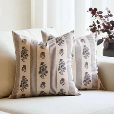 Throw Pillow Cover , Neutral Floral Stripe Farmhouse Decorative Pillow Cover